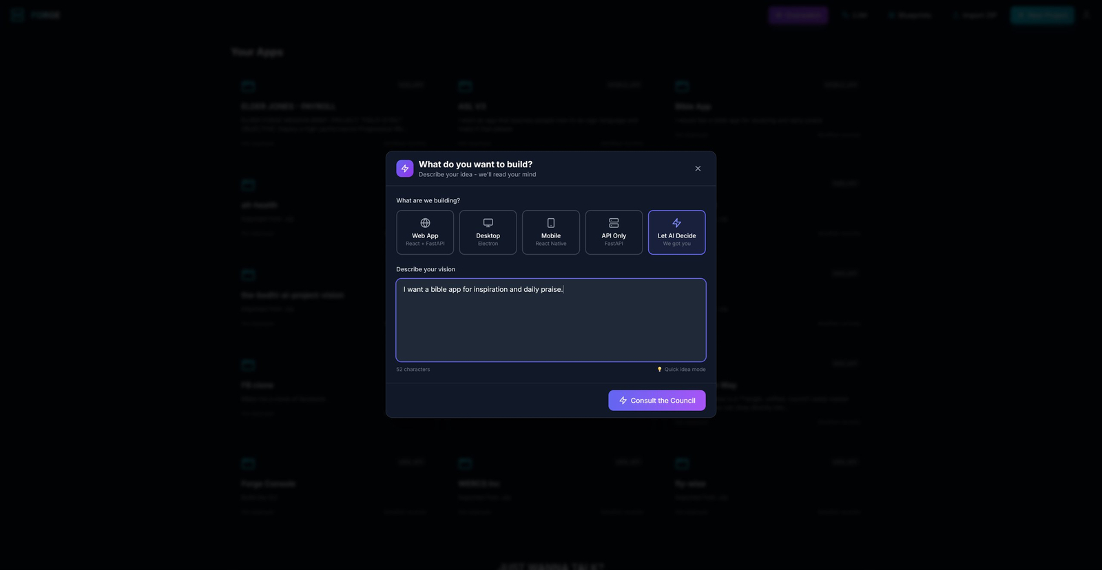 Forge: One sentence → Enterprise-grade.